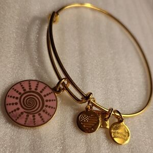 2015 Alex and Ani Gold X BCRF Pink Spiral Sun Bangle Charm Bracelet EUC